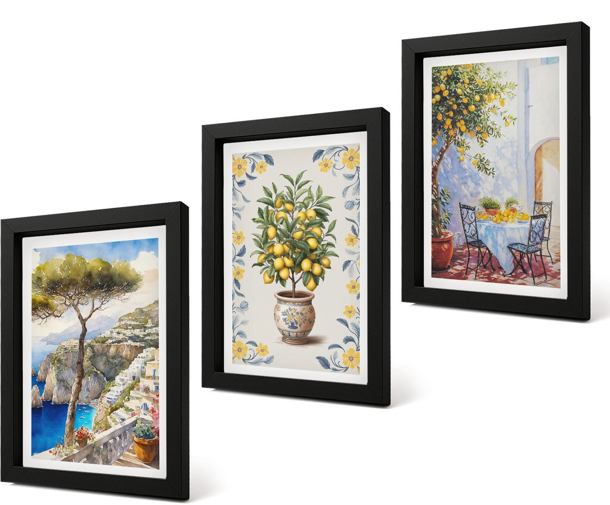 Coloray 4-Delige Schilderij Set - Zeegezicht met citroenbomen - Italiaanse schilderijen - 20 x 30 cm - Wanddecoratie - Muurdecoratie - Woonkamer - Woonkamer Decoratie