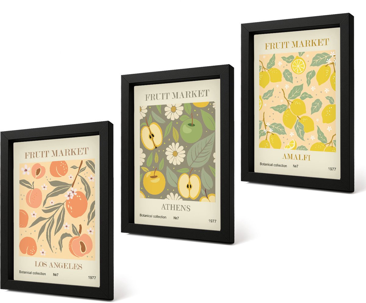 Coloray 4-Delige Schilderij Set - Posters met fruitmotieven in retrostijl - 20 x 30 cm - Wanddecoratie - Woonkamer Decoratie - Moderne Wanddecoratie