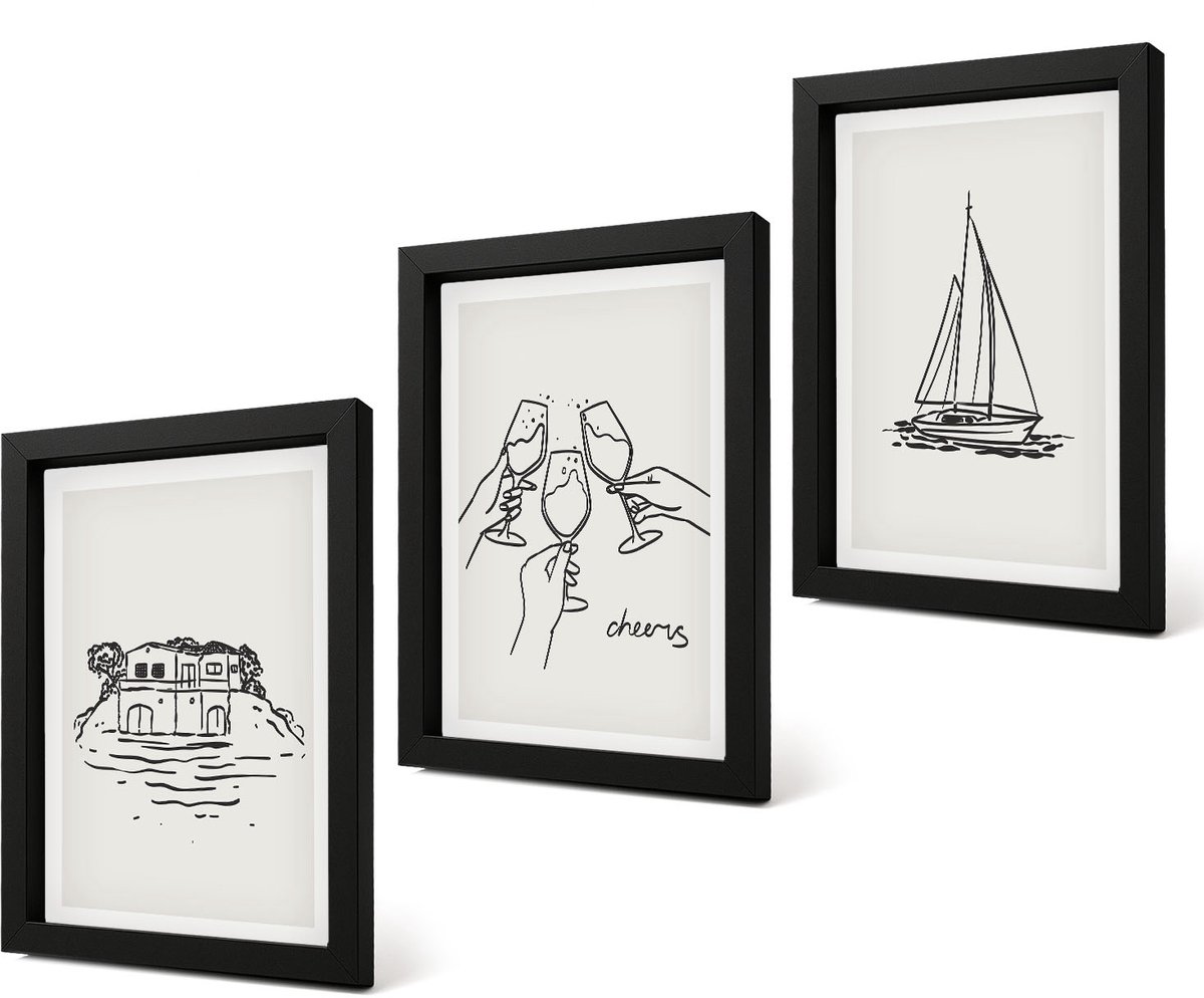 Coloray 4-Delige Schilderij Set - Uitzicht op het water, een huis dat proost met glazen en een zeilboot. - 20 x 30 cm - Decoratieve Schilderijen - Woonkamer - Interieur Zwarte lijst