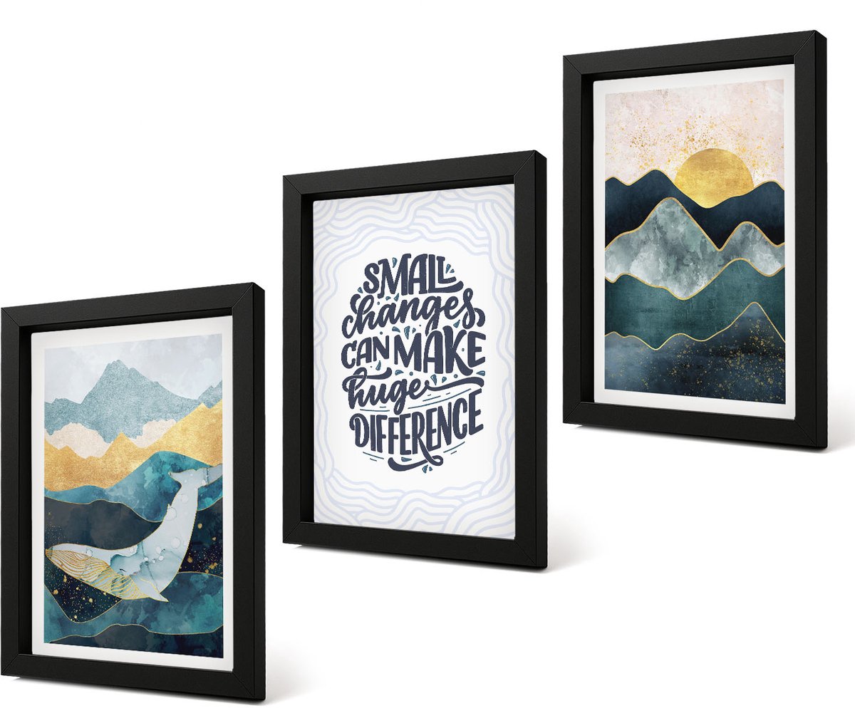 Coloray 4-Delige Schilderij Set - Abstracte berglandschappen met inspirerende belettering - 20 x 30 cm - Muurdecoratie - Interieur Decoratie