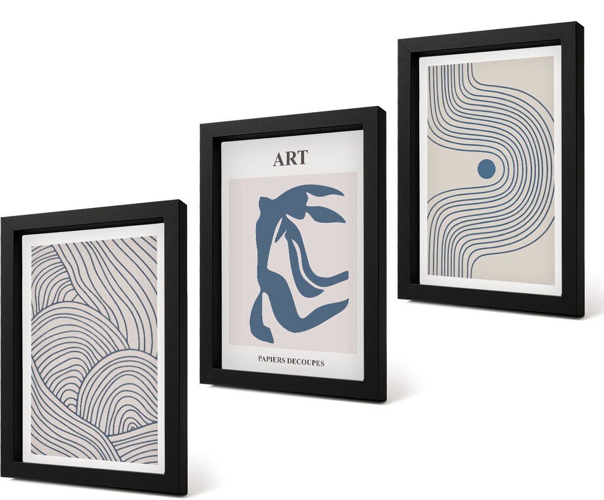Coloray 4-Delige Schilderij Set - Abstracte patronen van lijnen en vormen in blauwe tinten - 20 x 30 cm - Muurdecoratie - Interieur Decoratie - Wanddecoratie