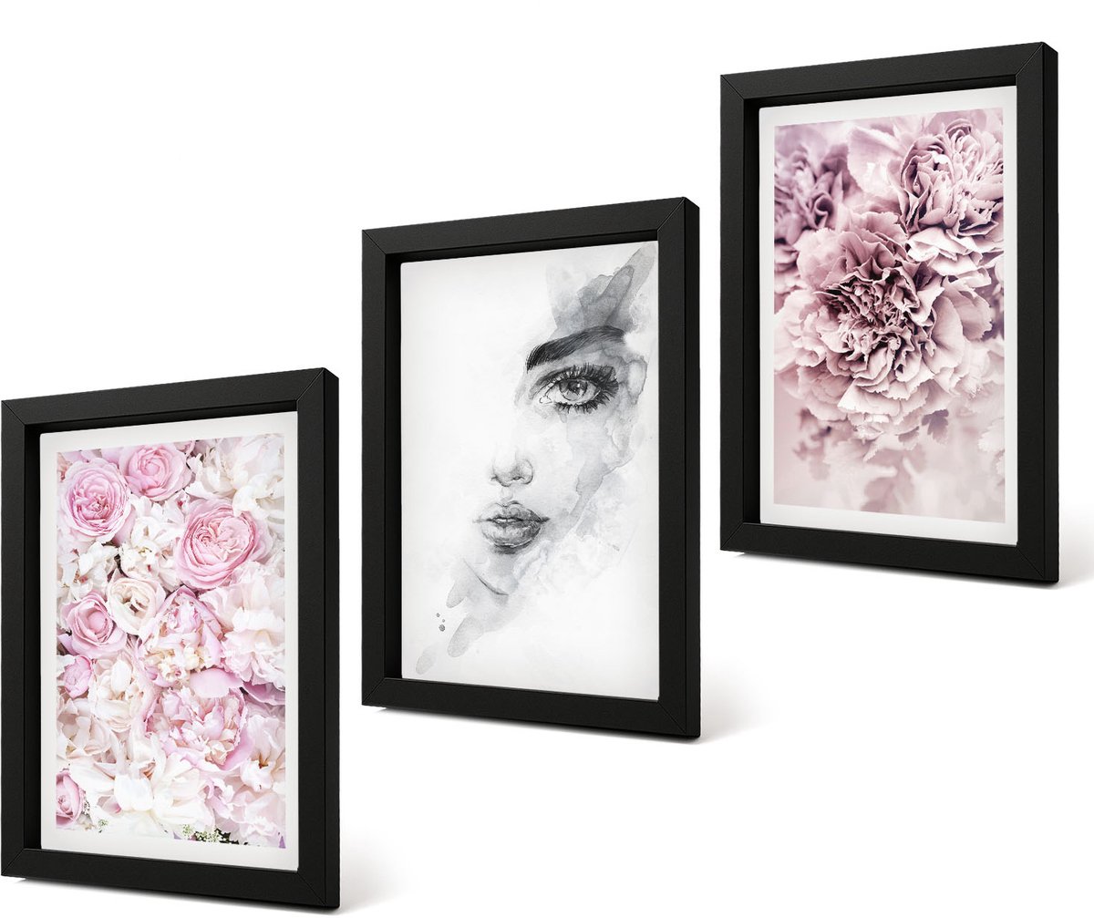 Coloray 4-Delige Schilderij Set - Delicate Peonies Zwart-wit Portret van een vrouw - 20 x 30 cm - Muurdecoratie - Interieur Decoratie - Stijlvolle Muurdecoratie