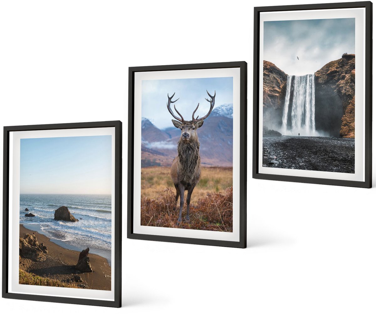 Coloray 3-Delige Schilderij Set - Berglandschappen Met Waterval, Herten En Strand - 40 x 60 cm - Muurdecoratie - Decoratieve Schilderijen - Wohnzimmer