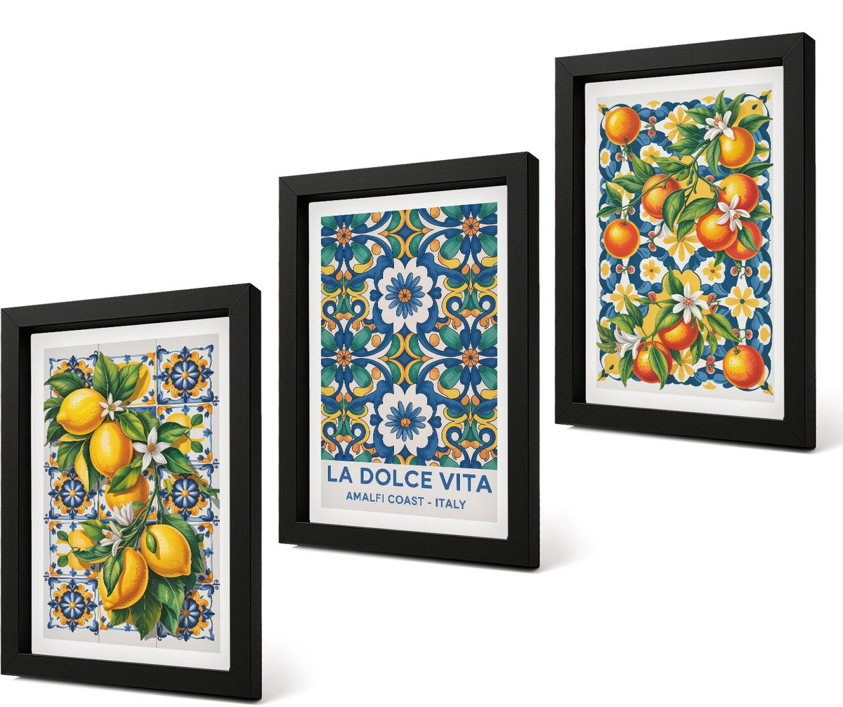 Coloray 4-Delige Schilderij Set - Posters met citrusvruchten en kleurrijke abstracte patronen - 20 x 30 cm - Stijlvolle Muurdecoratie - Kantoor - Wanddecoratie