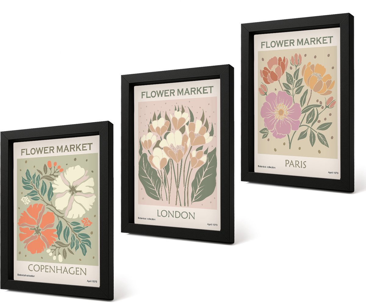 Coloray 4-Delige Schilderij Set - Bloemenposters Kopenhagen Londen Parijs - 20 x 30 cm - Muurdecoratie - Interieur Decoratie