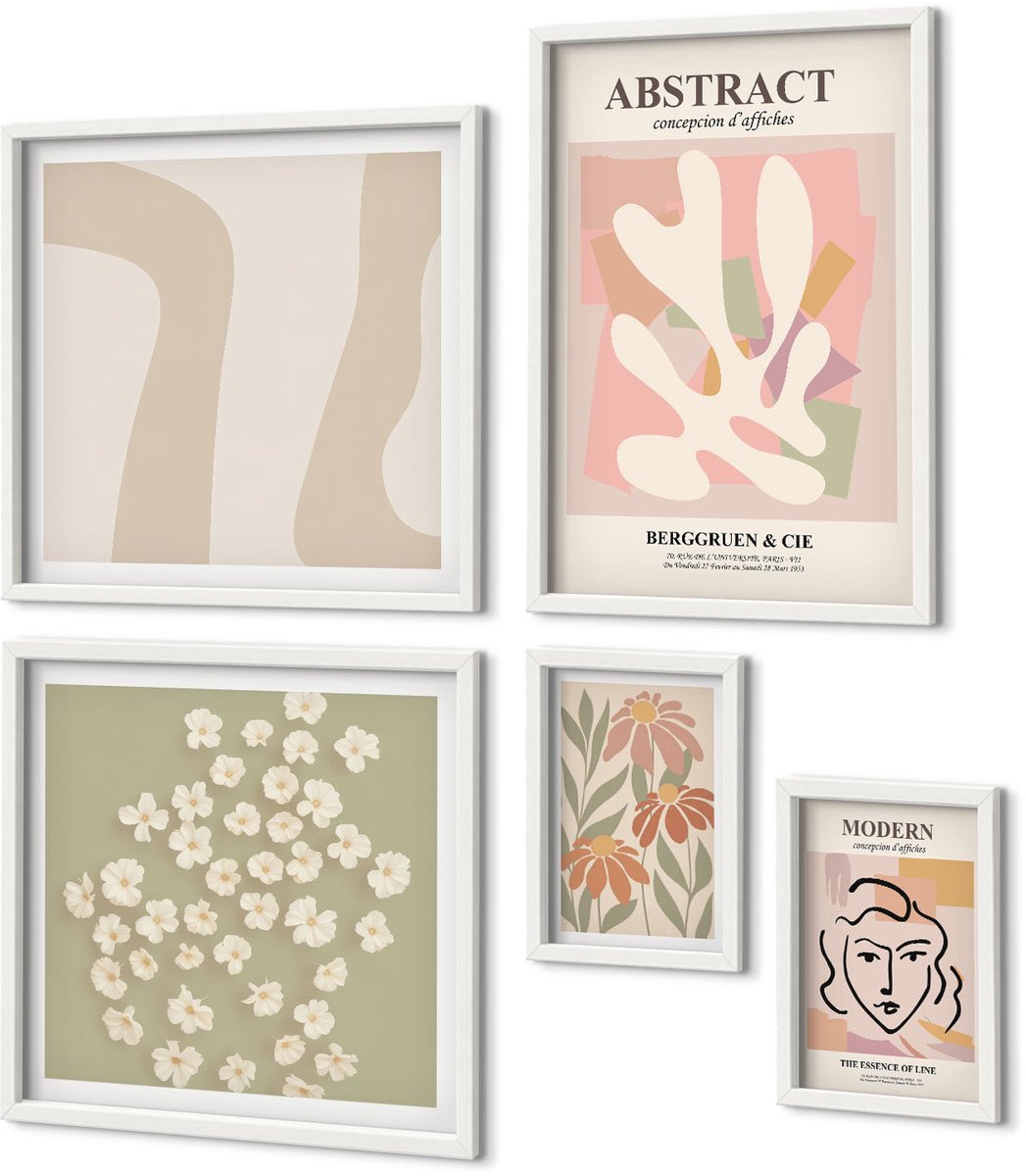 Coloray 5-Delige Schilderij Set - Stijlvolle Abstracte En Florale Interieurontwerpen - 50 x 50 cm, 20 x 30 cm En 40 x 60 cm - Stijlvolle Muurdecoratie - Slaapkamer