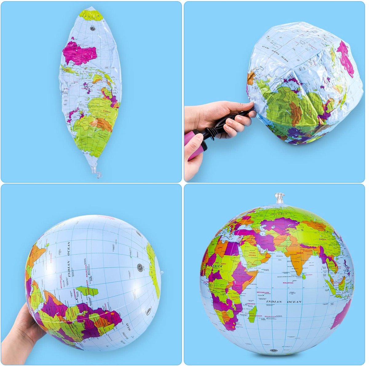 Opblaasbare bollen, 2 stuks PVC wereldbollen voor school, kantoor, strand, onderwijs, leerbol van de wereld, aarde - ShopVlot