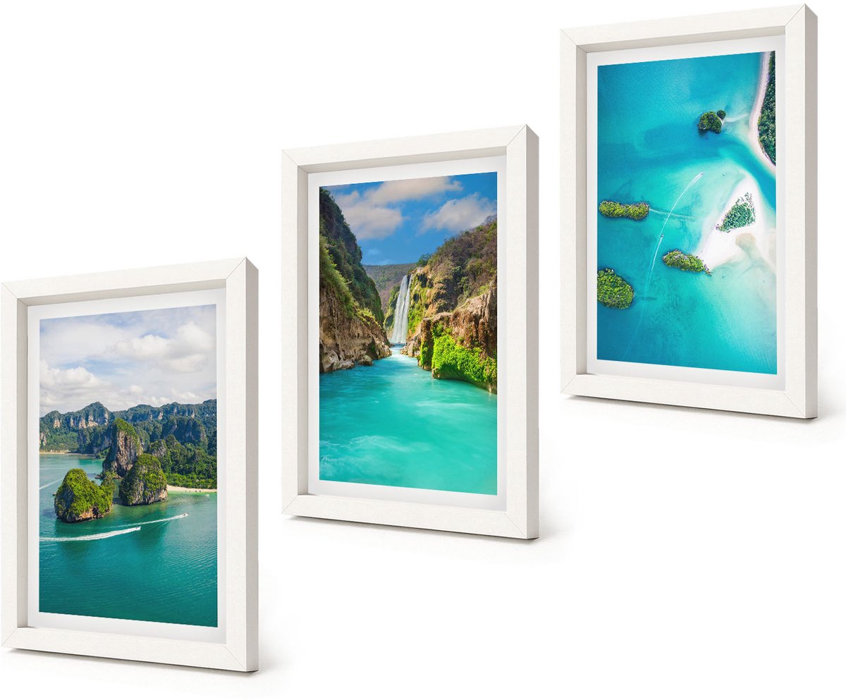 Coloray 3-Delige Schilderij Set - Tropische landschappen met eilanden en turquoise water - 20x30 - Wanddecoratie - Woonkamer Decoratie