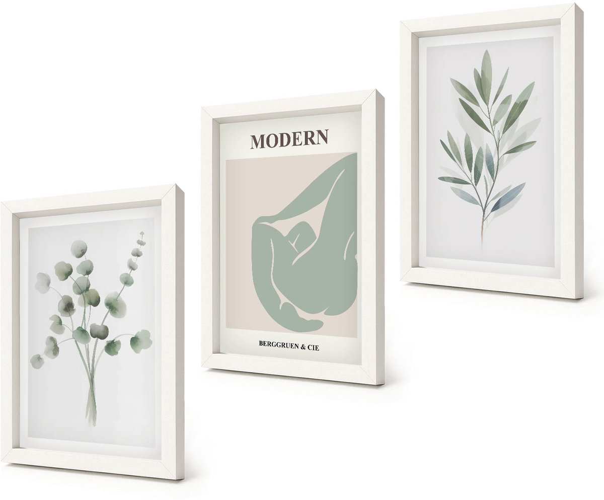 Coloray 3-Delige Schilderij Set - Plantmotieven in delicate groene tinten - 20x30 - Wanddecoratie - Schilderijen Set - Kantoor - Decoratieve Schilderijen