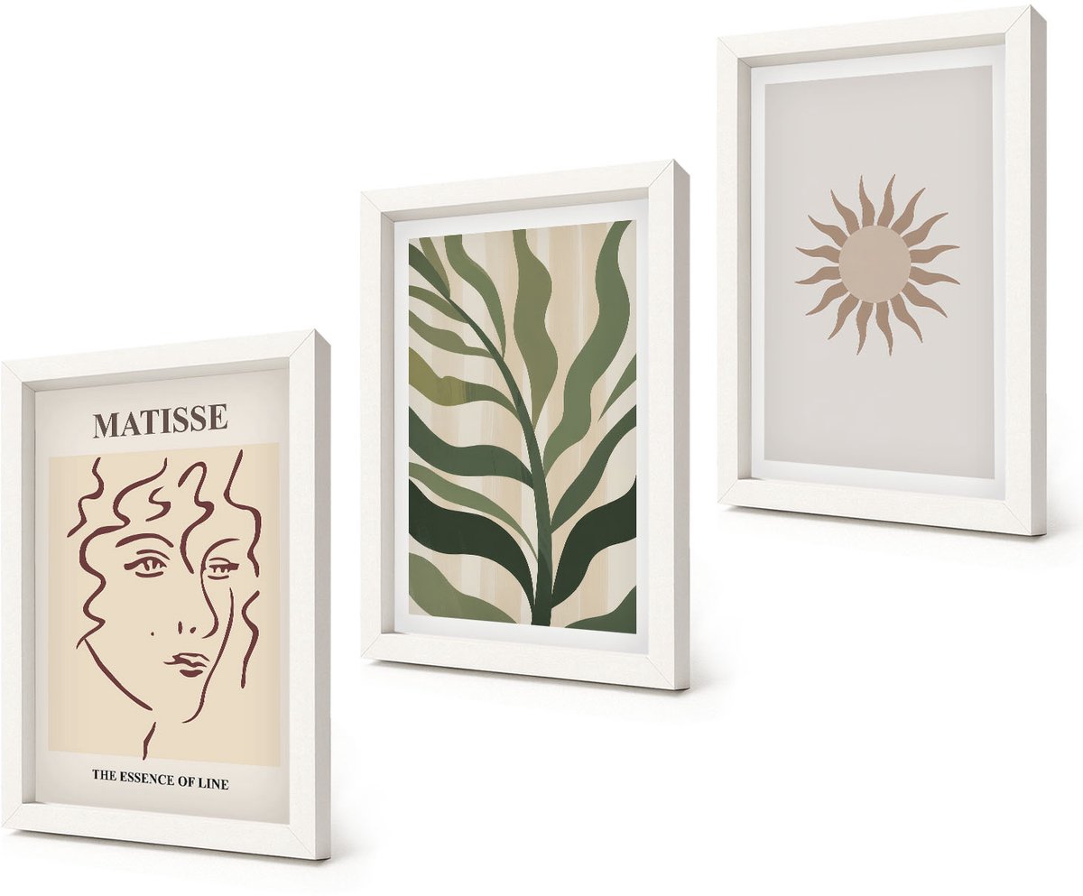 Coloray 3-Delige Schilderij Set - Abstracte plantpatronen en lijnen in gedempte kleuren. - 20x30 - Decoratieve Schilderijen - Wanddecoratie - Hal - Moderne Wanddecoratie