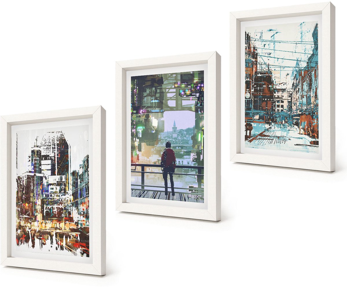 Coloray 3-Delige Schilderij Set - Moderne steden in kleur met een figuur op de achtergrond - 20x30 - Wanddecoratie - Muurdecoratie - Moderne Interieurdecoratie - Stijlvolle Muurdecoratie