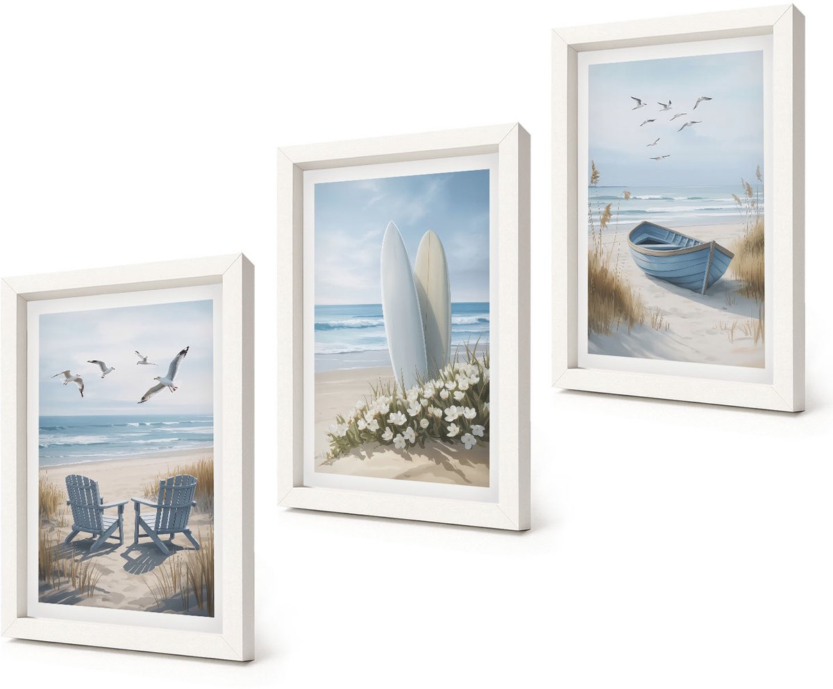 Coloray 3-Delige Schilderij Set - Strand met surfplanken, boten en vogels - 20x30 - Schilderijen Set - Wanddecoratie - Woonkamer - Muurdecoratie