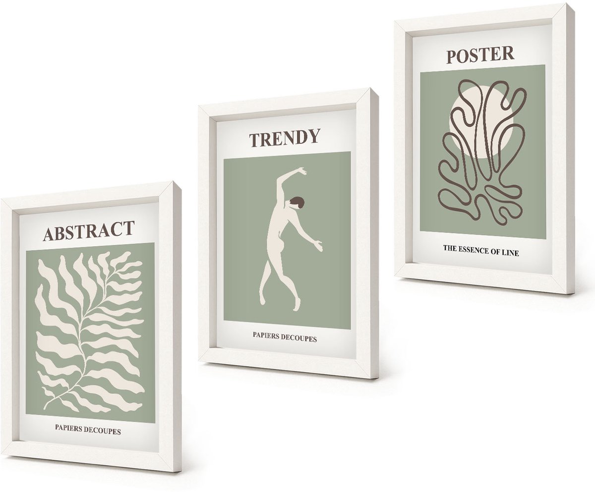 Coloray 3-Delige Schilderij Set - Plantenpatronen in groene tinten van Henri Matisse - 20x30 - Stijlvolle Muurdecoratie - Slaapkamer - Decoratieve Schilderijen
