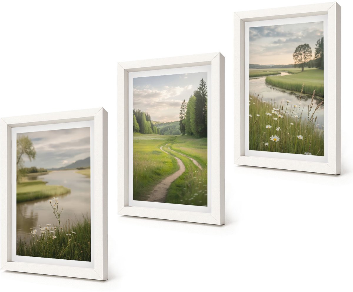 Coloray 3-Delige Schilderij Set - Vreedzame zomerlandschappen met een rivier en een bloemenweide - 20x30 - Decoratieve Schilderijen - Woonkamer - Interieur - Wanddecoratie