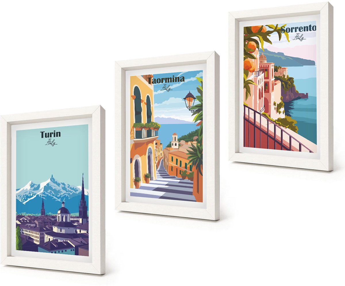 Coloray 3-Delige Schilderij Set - Kleurrijke, illustratieve stadsgezichten in retrostijl - 20x30 - Stijlvolle Muurdecoratie - Kantoor - Interieur Decoratie