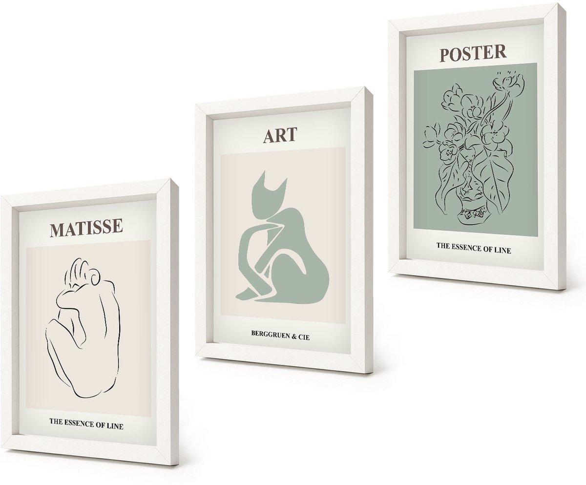 Coloray 3-Delige Schilderij Set - Posters in beige- en groentinten van Henri Matisse - 20x30 - Stijlvolle Muurdecoratie - Slaapkamer - Wanddecoratie