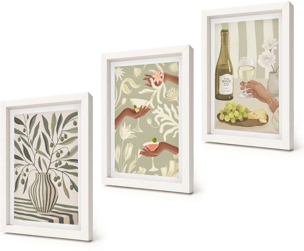 Coloray 3-Delige Schilderij Set - Olijfbloemen en rustieke cocktails - 20x30 - Muurdecoratie - Interieur Decoratie - Moderne Wanddecoratie