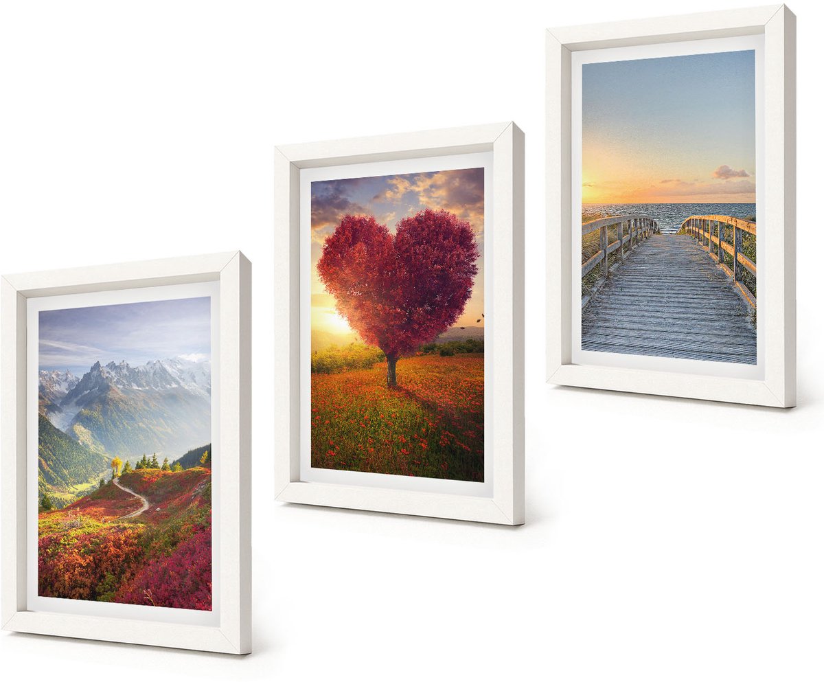 Coloray 3-Delige Schilderij Set - Berglandschappen Hartvormige boompier - 20x30 - Wanddecoratie - Muurdecoratie - Moderne Interieurdecoratie - Woonkamer Decoratie