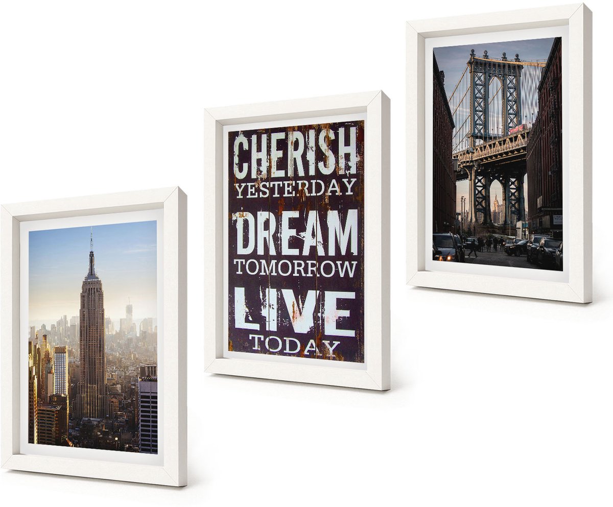Coloray 3-Delige Schilderij Set - Landschappen van New York City met een inspirerend citaat - 20x30 - Muurdecoratie - Interieur Decoratie - Stijlvolle Muurdecoratie
