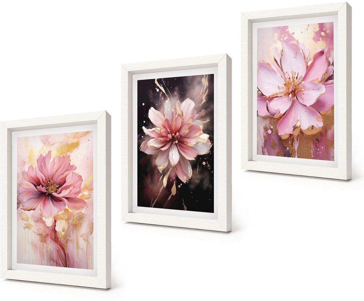 Coloray 3-Delige Schilderij Set - Bloemencomposities in roze en witte tinten. - 20x30 - Decoratieve Schilderijen - Wanddecoratie - Hal - Stijlvolle Muurdecoratie