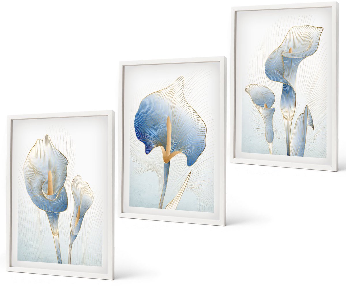 Coloray 3-Delige Schilderij Set - Fijne Blauwe Bloemen Op Een Lichte Achtergrond - 40 x 60 - Wanddecoratie - Muurdecoratie - Woonkamer