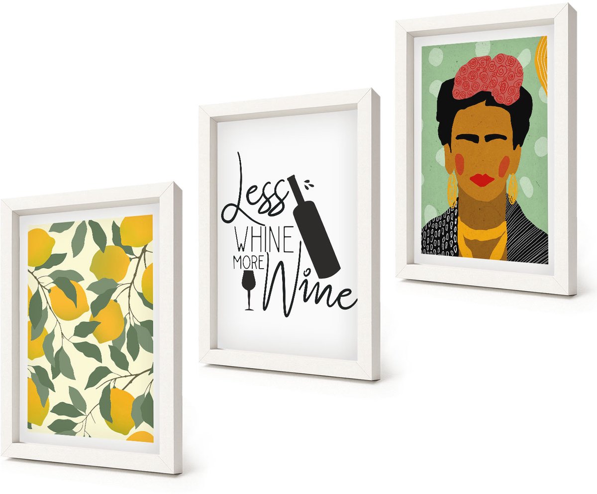 Coloray 3-Delige Schilderij Set - Citroenen Wijnfles Portret van Frida Kahlo - 20x30 - Stijlvolle Muurdecoratie - Slaapkamer - Moderne Wanddecoratie