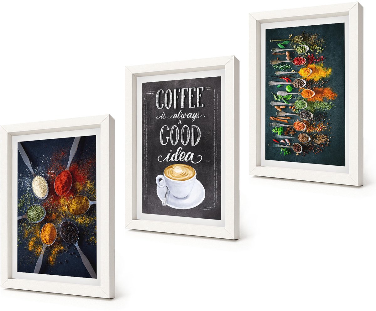 Coloray 3-Delige Schilderij Set - Specerijen Koffie met Kopje Kruiden Keukenpatronen - 20x30 - Wanddecoratie - Muurdecoratie - Moderne Interieurdecoratie