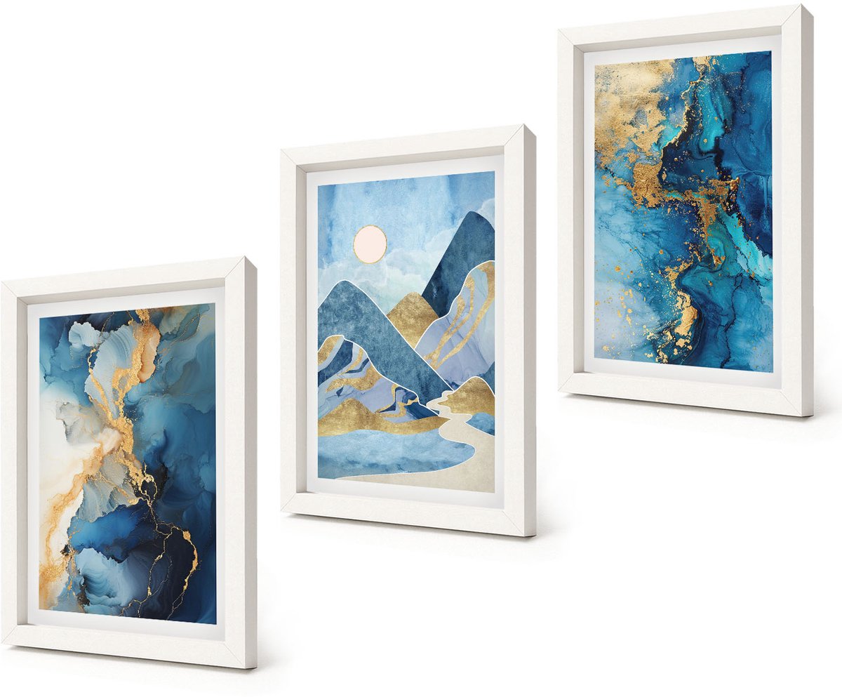 Coloray 3-Delige Schilderij Set - Blauwe bergen met abstracte patroonelementen - 20x30 - Wanddecoratie - Schilderijen Set - Kantoor - Stijlvolle Muurdecoratie