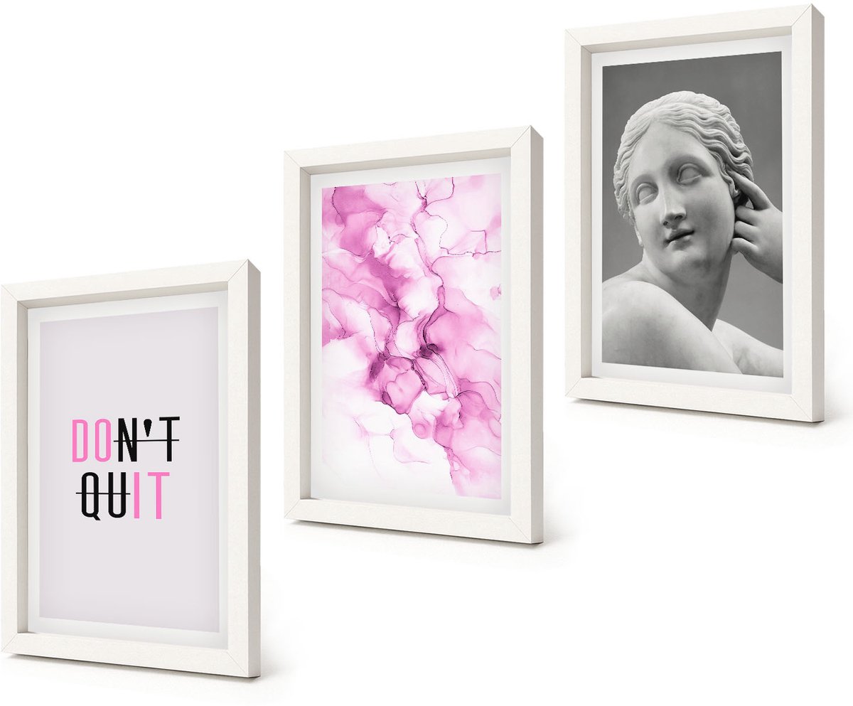 Coloray 3-Delige Schilderij Set - Aquarel Abstractie Inspirerende Slogan Oude Beeldhouwkunst - 20x30 - Wanddecoratie - Muurdecoratie - Woonkamer - Decoratieve Schilderijen