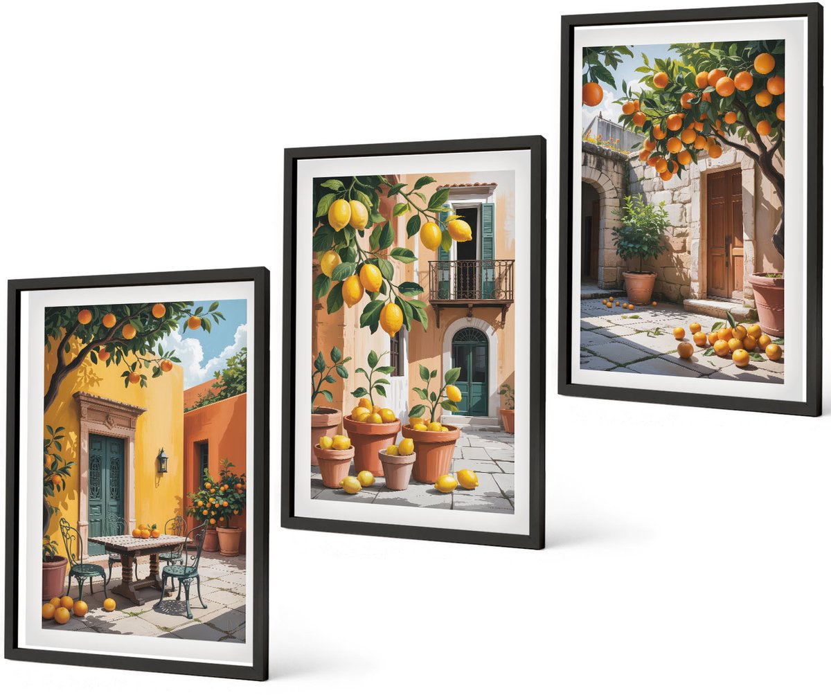 Coloray 3-Delige Schilderij Set - Citrusvruchten In Een Zonnige Tuinscène - 40 x 60 cm - Schilderijen Set - Wanddecoratie - Woonkamer - Muurdecoratie