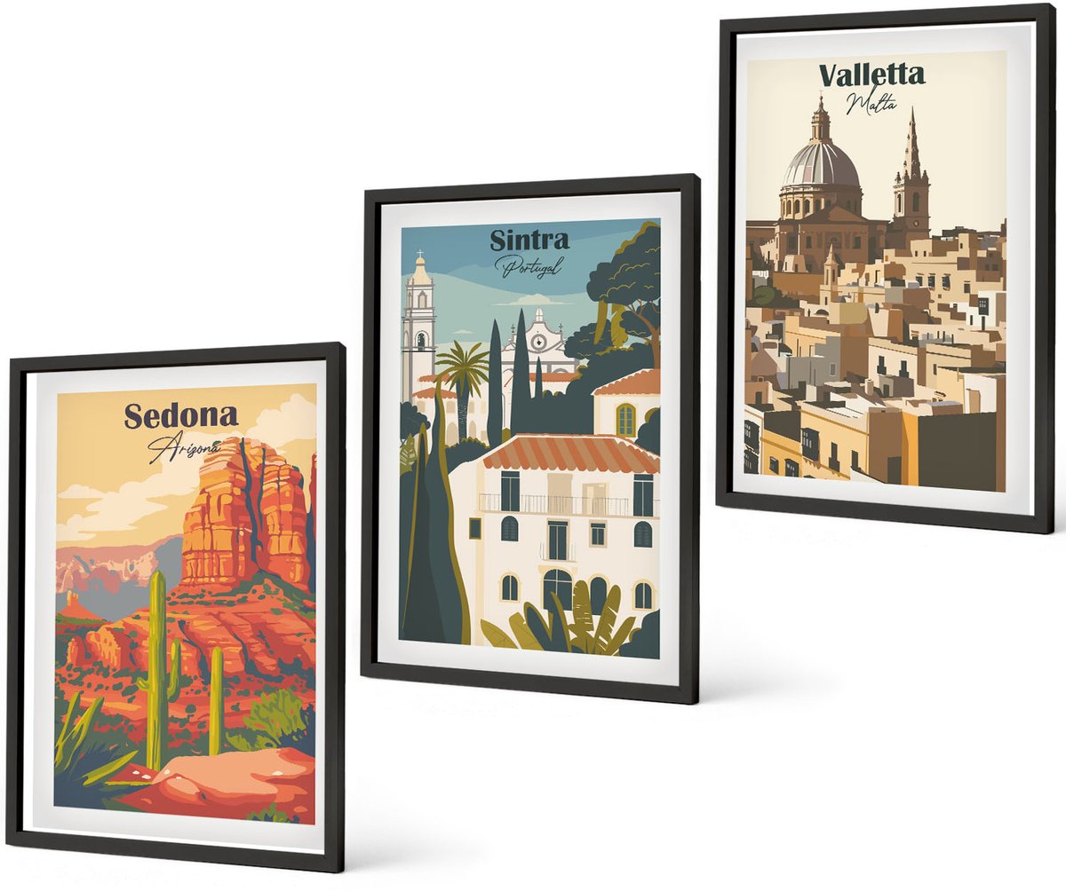 Coloray 3-Delige Schilderij Set - Stadsgezichten In Retrostijl Van Sedona, Sintra En Valletta - 40 x 60 cm - Wanddecoratie - Schilderijen Set - Kantoor - Moderne Wanddecoratie