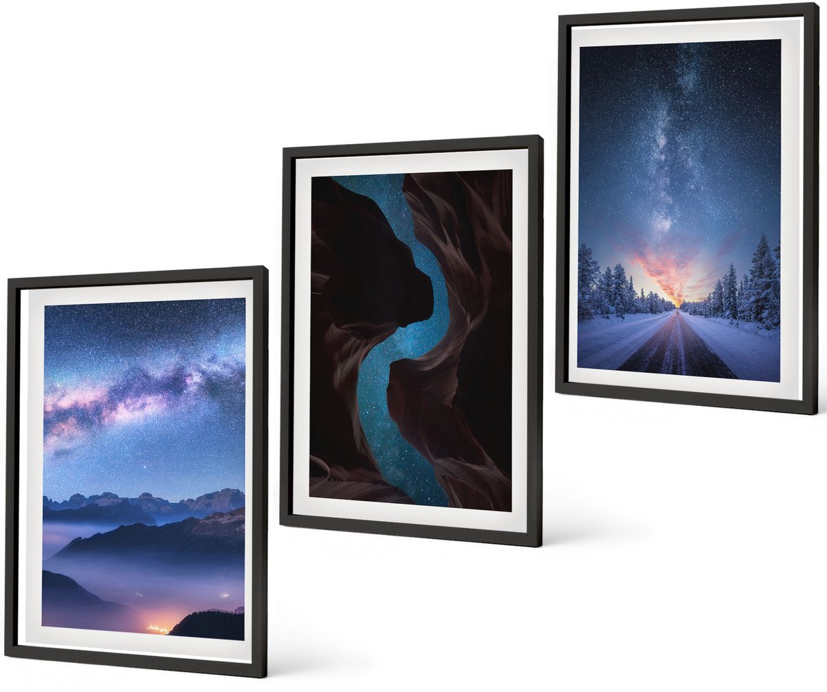 Coloray 3-Delige Schilderij Set - Nachtelijke Hemel, Bergen, Kloof En Winterlandschap - 40 x 60 cm - Wanddecoratie - Woonkamer Decoratie - Moderne Wanddecoratie