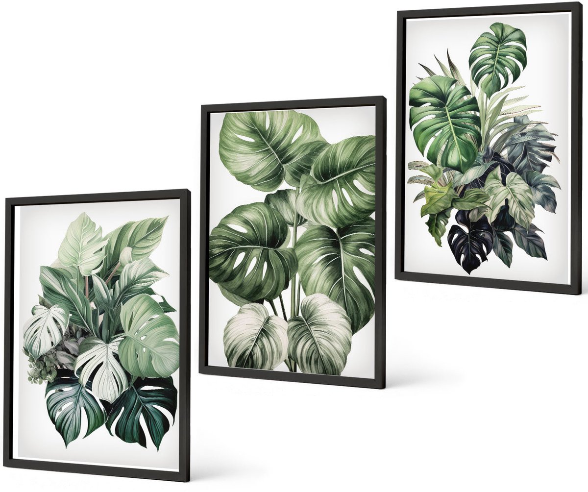 Coloray 3-Delige Schilderij Set - Groene Bladeren Van Tropische Planten, Aquarelverf - 40 x 60 cm - Decoratieve Schilderijen - Wanddecoratie - Hal