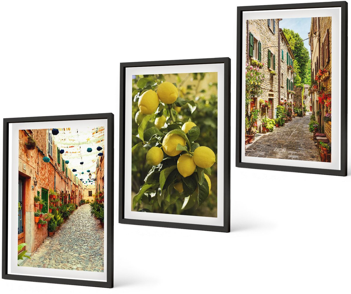 Coloray 3-Delige Schilderij Set - Sfeervolle Straatjes Met Bloemen En Citroenen Op De Achtergrond. - 40 x 60 cm - Wanddecoratie - Muurdecoratie - Woonkamer - Moderne Wanddecoratie