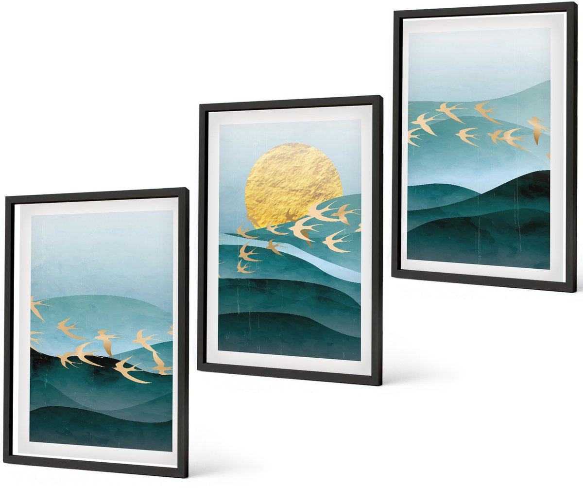 Coloray 3-Delige Schilderij Set - Abstracte Landschappen Met Zonnestralen En Vliegende Vogels - 40 x 60 cm - Decoratieve Schilderijen - Wanddecoratie - Hal - Stijlvolle Muurdecoratie
