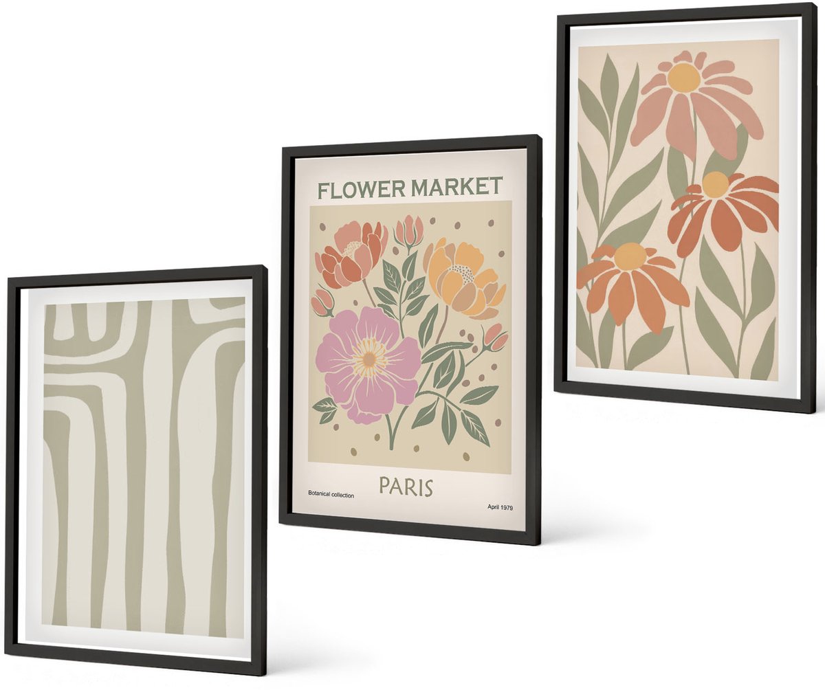 Coloray 3-Delige Schilderij Set - Poster Met Botanische Motieven, Parijse Minimalistische Stijl - 40 x 60 cm - Wanddecoratie - Schilderijen Set - Kantoor Zwarte lijst