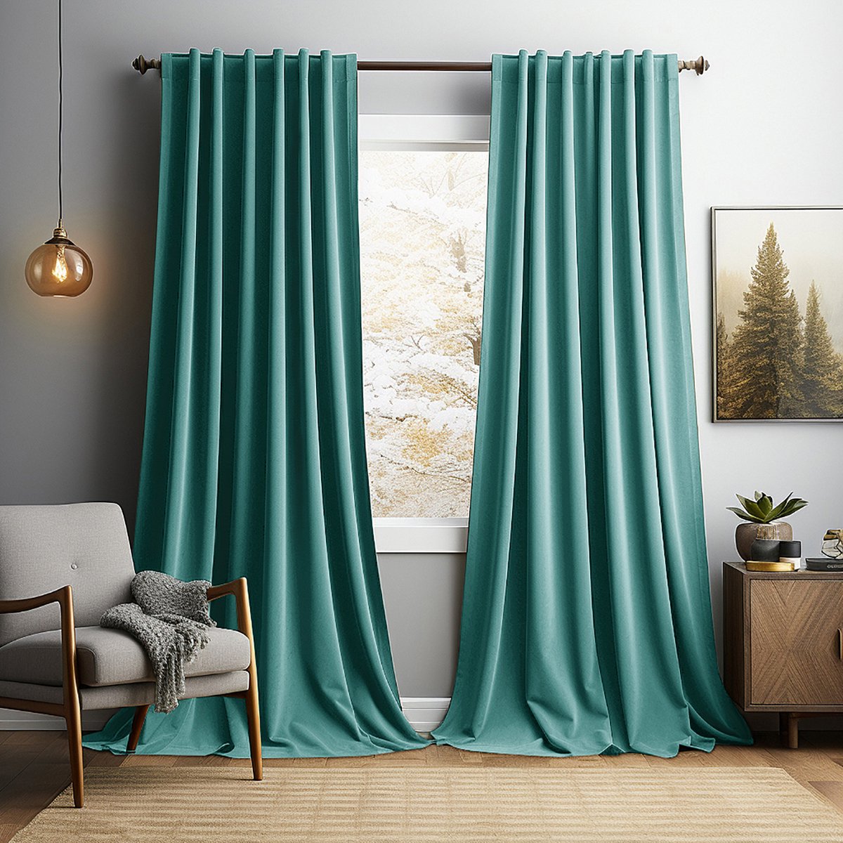 MUPOO verduisterende fluwelen gordijnen set van 2, 132 x 305 cm per paneel, teal polyester met grijze voering, 260 g/m² thermisch isolerend met 8 cm drie-in-één kop voor gordijnroede, achterlussen of haken