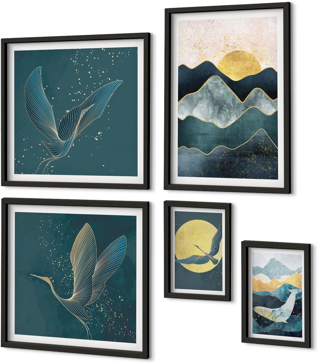 Coloray 5-Delige Schilderij Set - Stijlvolle Berglandschappen Met Vogels En Zon. - 50 x 50 cm, 20 x 30 cm En 40 x 60 cm - Moderne Wanddecoratie - Woonkamer - Woonkamer Decoratie