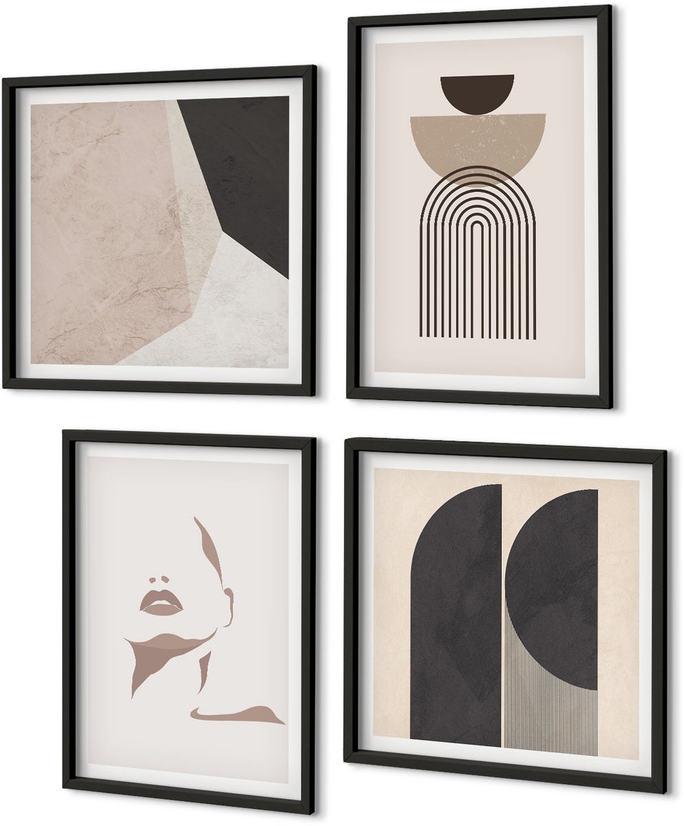 Coloray 4-Delige Schilderij Set - Abstracte Patronen In Tinten Wit En Bruin. - 40 x 40 cm En 40 x 60 cm - Decoratieve Muurdecoratie - Slaapkamer - Decoratieve Schilderijen Zwarte lijst