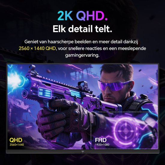 Beeld van een monitor met gamekarakter in 2K QHD resolutie, vergeleken met FHD.