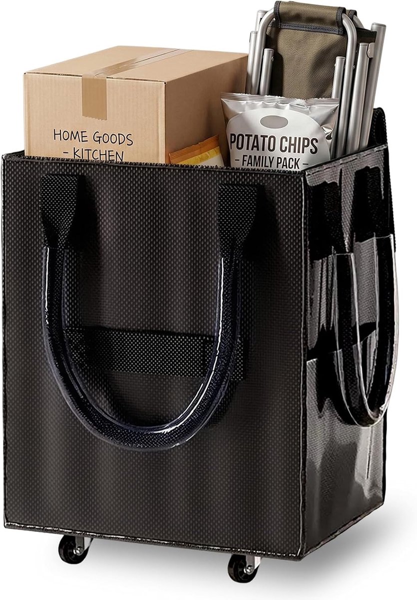 Opvouwbare boodschappenkar met wielen 50,8×40,64×30,48 cm, herbruikbare boodschappentas, drempelvrij transport voor boodschappen, wasgoed, kamperen en verhuizen（zwart）