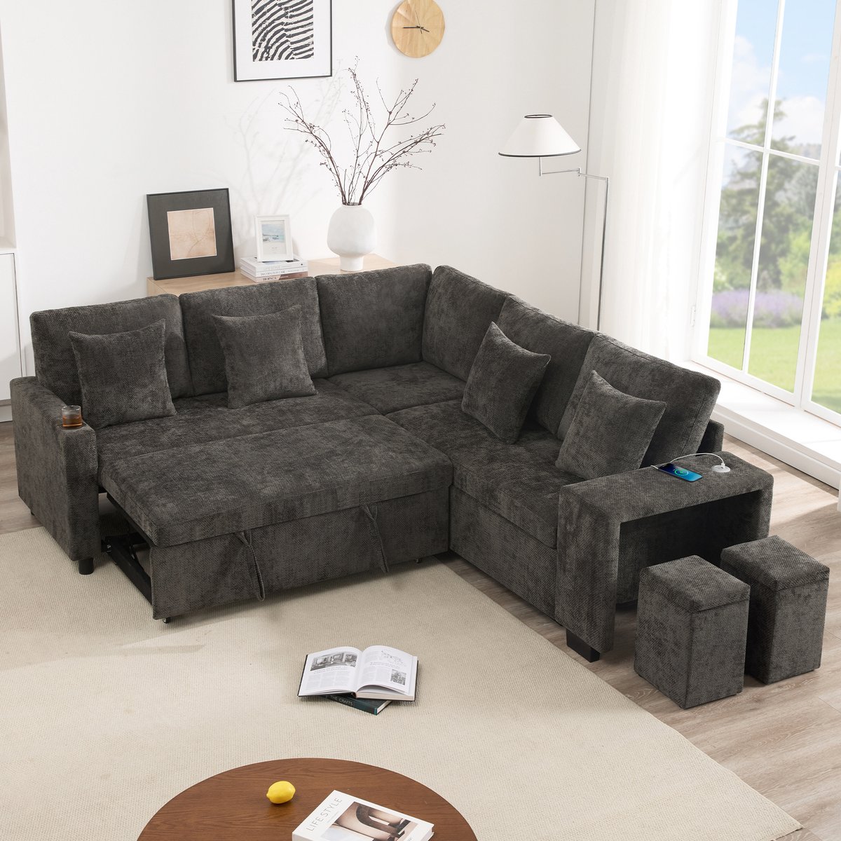 Slaapbank met chaise longue en opbergruimte - voor woonkamer en thuisbioscoop - 3-zits - Grijs - USB-C, bekerhouders en hocker - incl. kussens