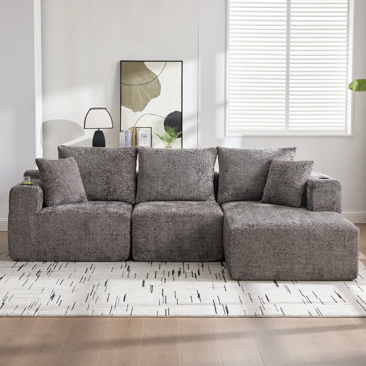 Modulaire hoekbank zonder frame - L-vorm voor woonkamer - 3-4 persoons, 261x165 cm - Grijs - Met bekerhouder & diepe zit - Memory foam, geen montage - Incl. opbergvakken