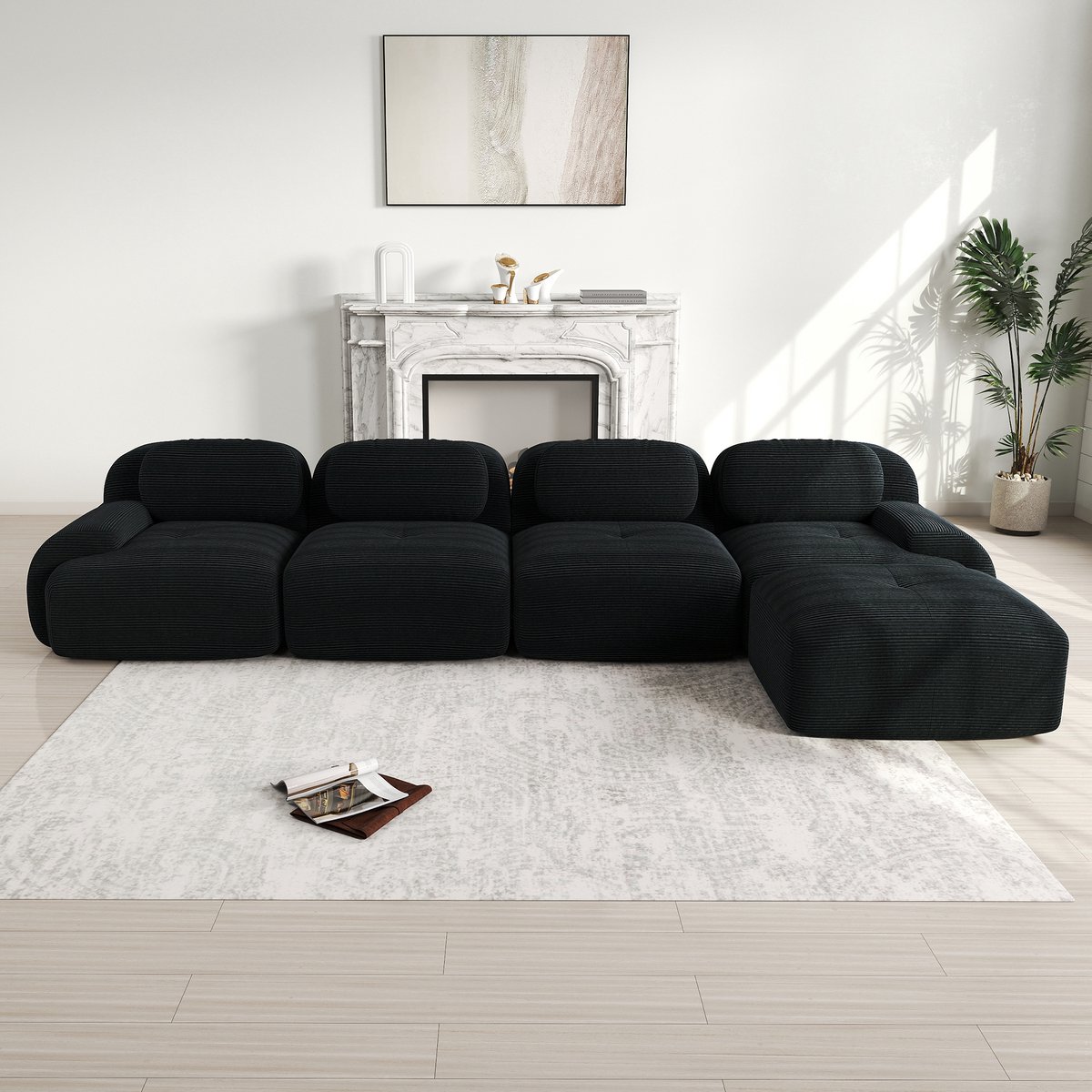 Modulaire 4-zits hoekbank met chaise longue - Voor woonkamer, kantoor en thuisbioscoop - Zwart corduroy - Frameloos en montagevrij - 32D hochelastisch schuim - Antislip en extra brede armleuningen