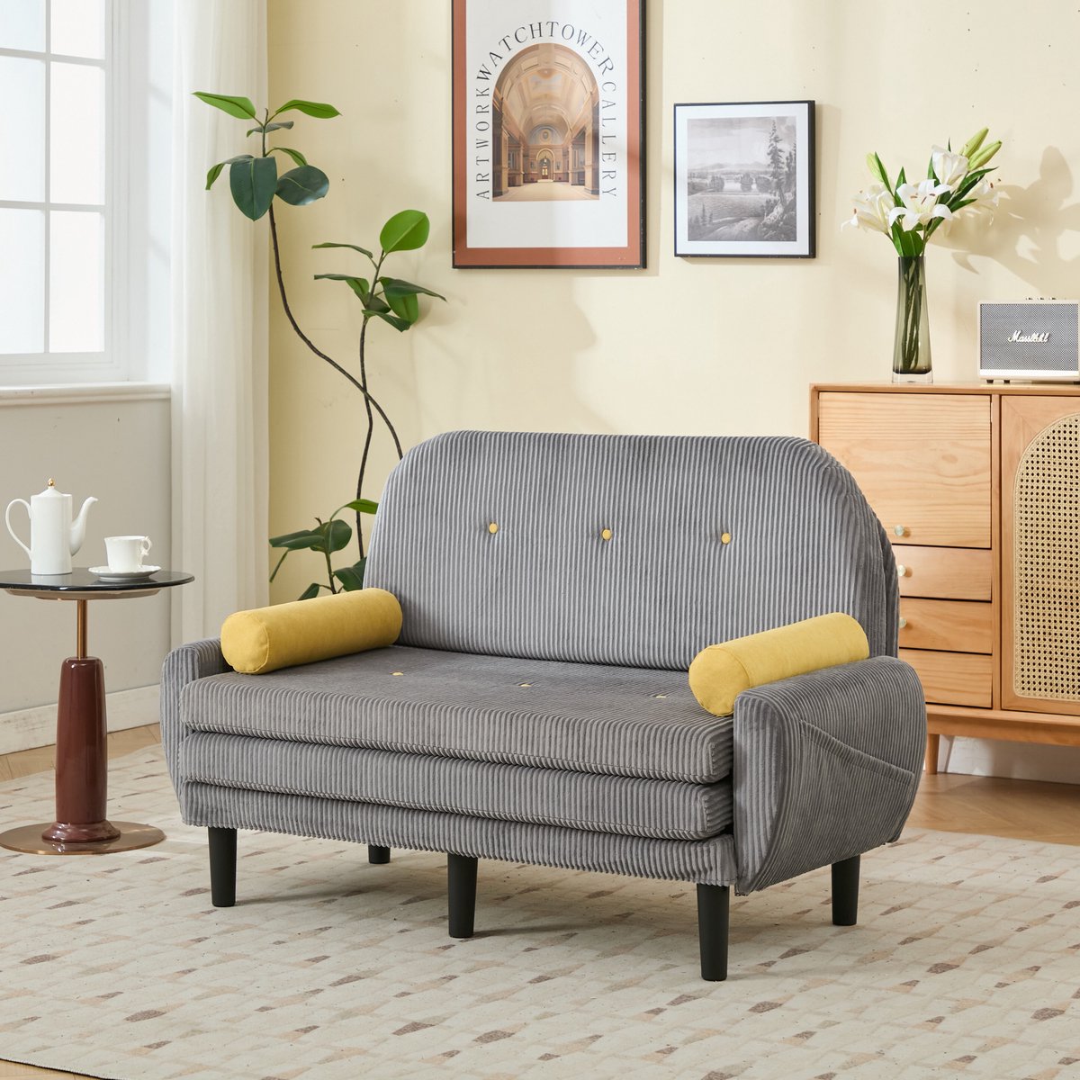 2-zitsbank met opbergruimte - Sofa, daybed en relaxstoel - 2 personen - Grijs corduroy - Verstelbare rugleuning - 2 kussens inbegrepen - Metalen frame