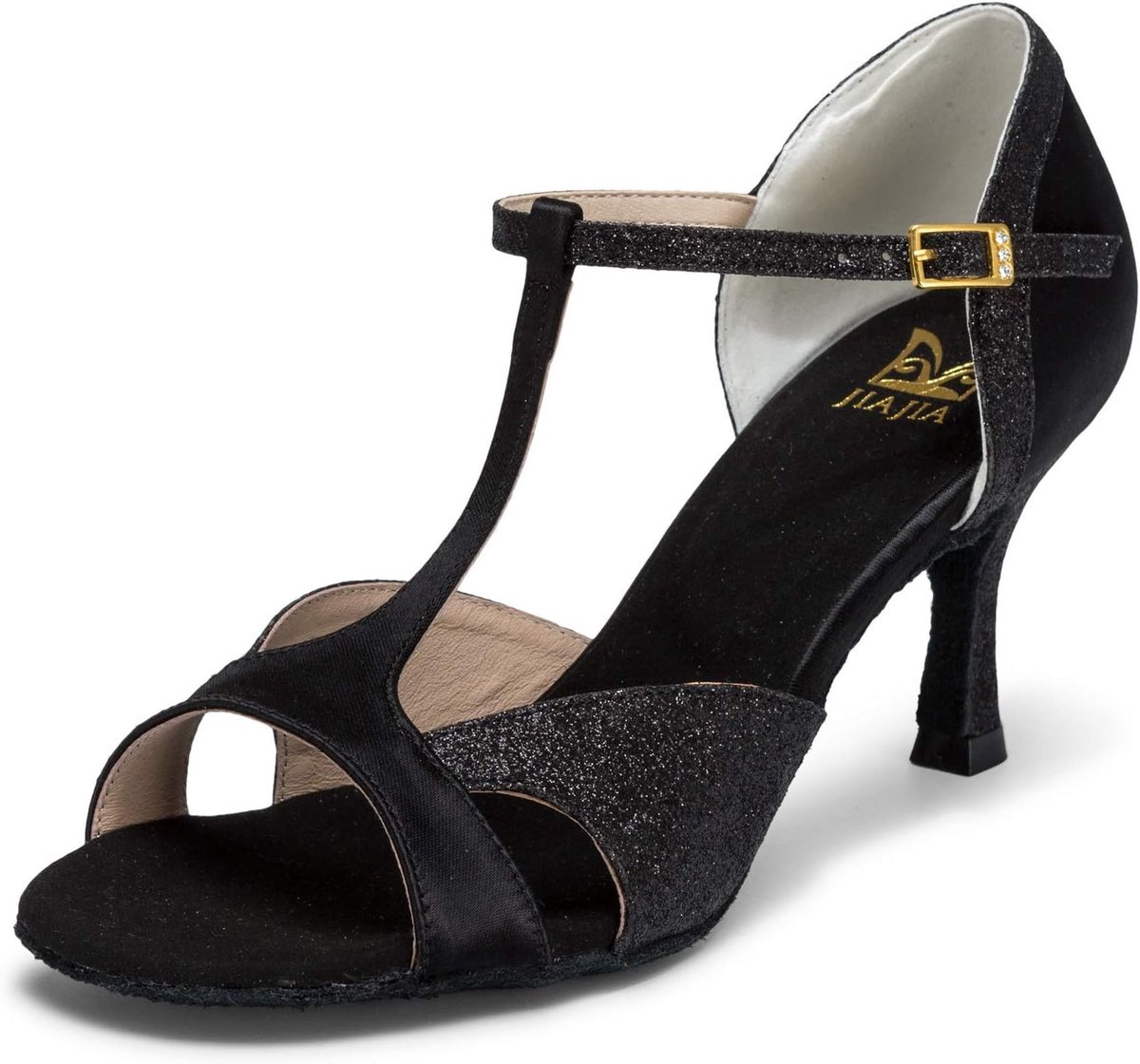 JIA JIA 2055 Latin Women Sandals 7.5cm Flared Heel Super Satin Sparkling Glitter Dance Shoes - ShopVlot