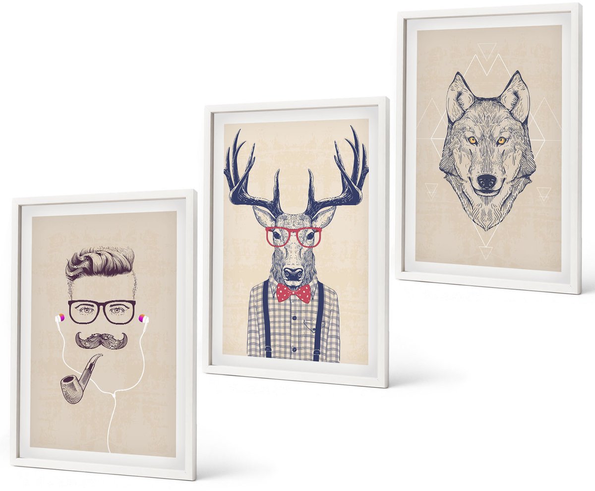 Coloray 3-Delige Schilderij Set - Stijlvolle Portretten Van Dieren En Mannen - 40 x 60 - Muurdecoratie - Wanddecoratie - Slaapkamer - Stijlvolle Muurdecoratie