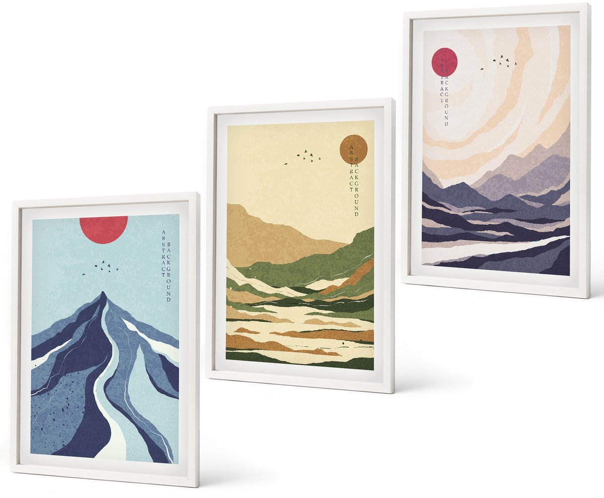 Coloray 3-Delige Schilderij Set - Bergen In Pastelkleuren In Japanse Stijl - 40 x 60 - Wanddecoratie - Schilderijen Set - Interieur - Moderne Wanddecoratie