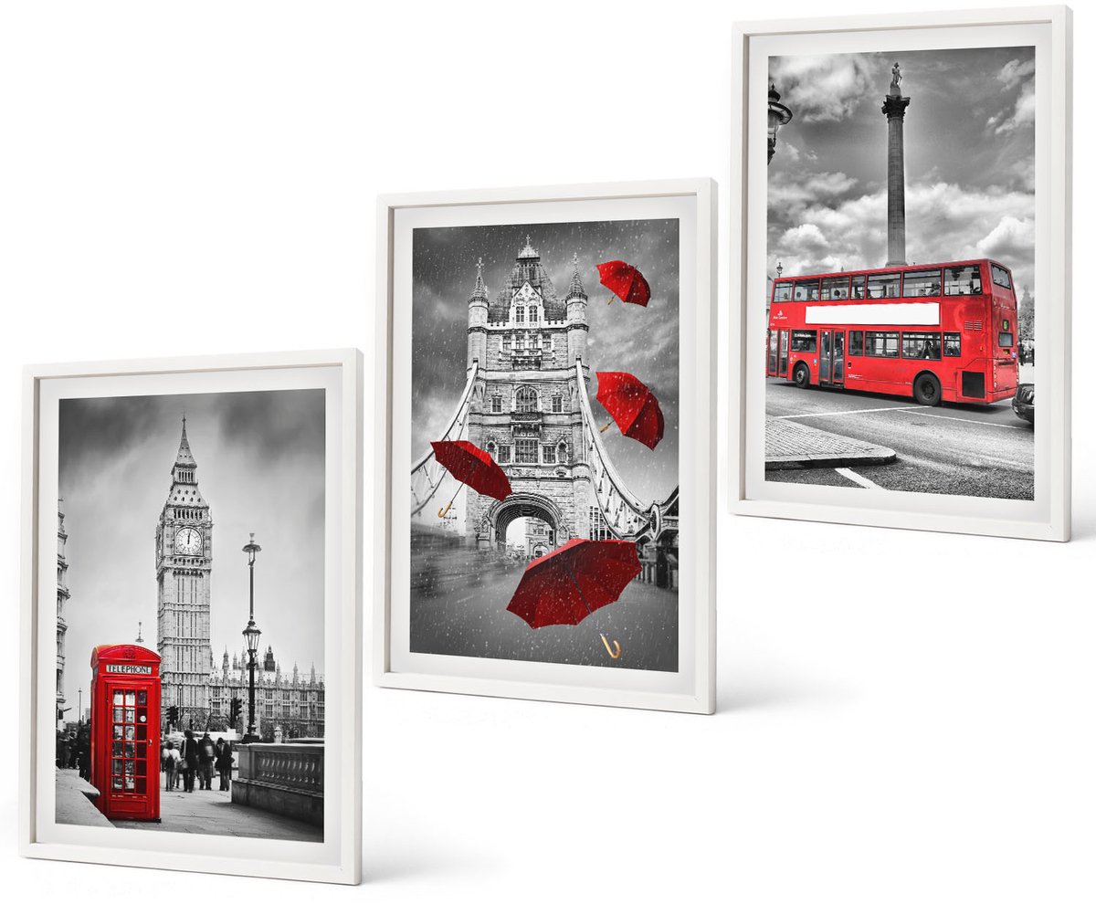 Coloray 3-Delige Schilderij Set - Uitzicht Op Londen Met Een Rode Paraplu En Een Bus. - 40 x 60 - Moderne Wanddecoratie - Woonkamer - Muurdecoratie