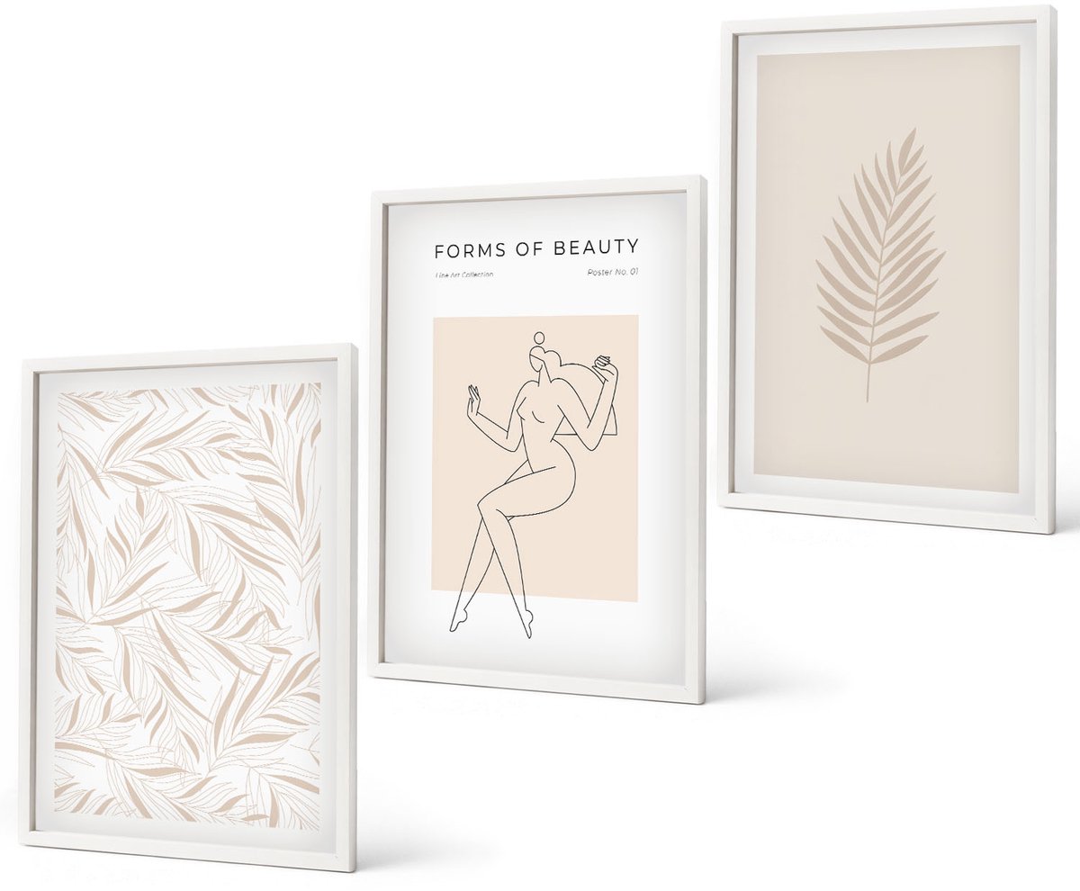 Coloray 3-Delige Schilderij Set - Minimalistische Stijl Met Botanische Motieven - 40 x 60 - Wanddecoratie - Schilderijen Set - Kantoor - Muurdecoratie